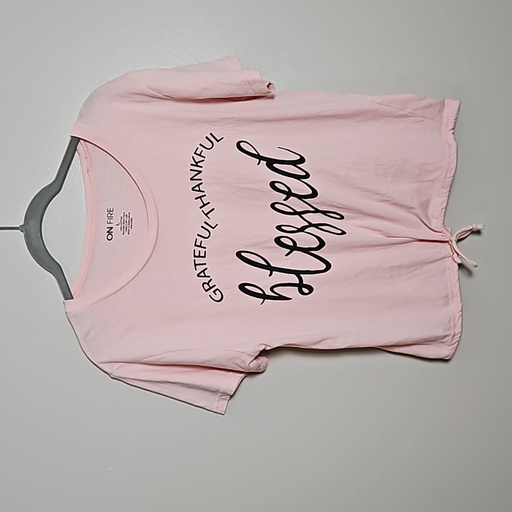 On Fire Blessed Light Pink Lightweight Cropped Tshirt Drawstring Front Sz Large
